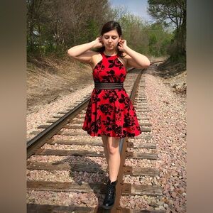 City Studios Red & Black Flocked Floral Fit & Flare Dress – Size 7 (Juniors)